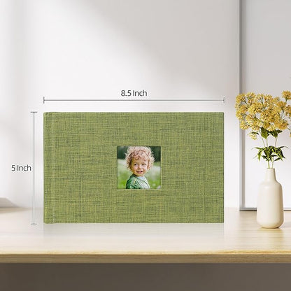 Mublalbum Small 4x6 Photo Album Linen Cover with Memo Areas Photobook Pictures Book Holds Horizontal Pockets for Wedding Family Baby and Vacation (Green)