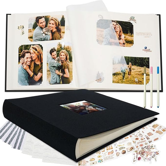 Vienrose Premium Scrapbook Photo Album with Writing Space 12"x12", DIY Scrapbook Album with 100 Pages, Large Photo Book for Baby Family Travel Vacation, Valentine Gift Black