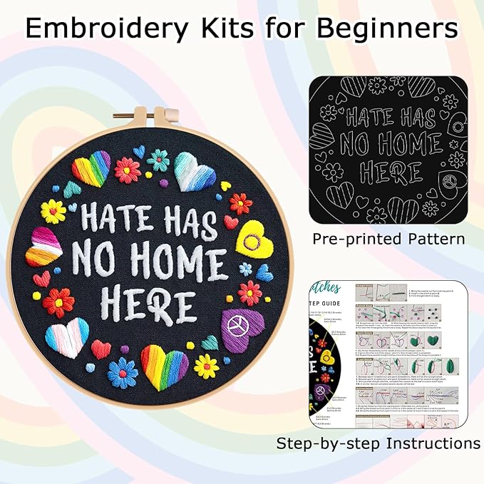 Nuberlic Embroidery Kit for Beginners - LGBT Love Pattern Adults Starter Cross Stitch Kit DIY Needlepoint with Hoop, Pre-Printed Fabric, Threads & Step-by-Step Guide