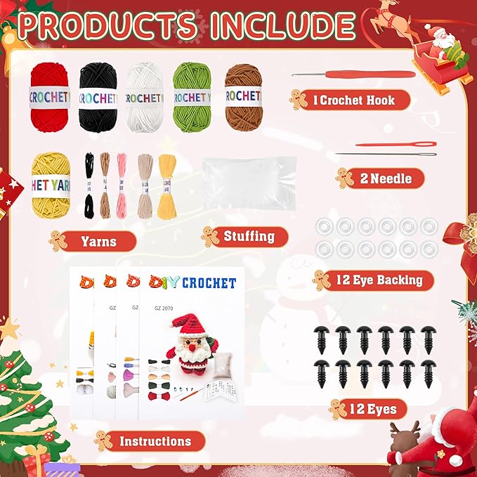 Hebuck 8Pcs Crochet Kit for Beginners, Easy Christmas Knitting Kit for Crochet Lovers, Beginner Crochet Kit for Adults, Crochet Animal Kits with Step by Step Videos Tutorials
