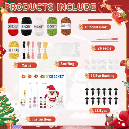 Hebuck 8Pcs Crochet Kit for Beginners, Easy Christmas Knitting Kit for Crochet Lovers, Beginner Crochet Kit for Adults, Crochet Animal Kits with Step by Step Videos Tutorials