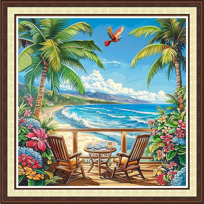 Magxvouy Cross Stitch Kits Stamped Full Range of Embroidery Kits,Cross Stitch Patterns Needlework Kits for Beginners 11CT Printed Kits&Drinking Tea by The Seaside 18x18 inchs