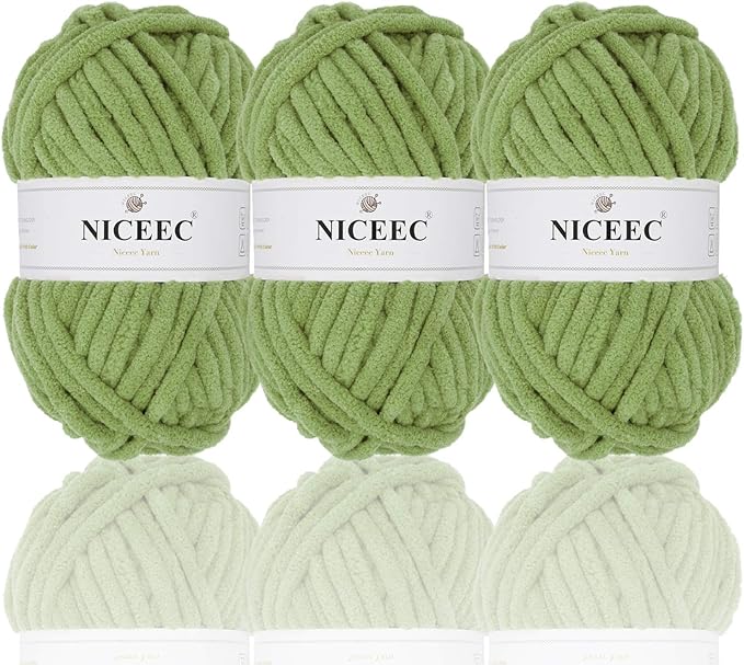 NICEEC 3 Skeins Sparkling Chenille Yarn Soft Blanket Yarn for Crochet & Knitting, Total 165yds/10.6oz - Mint Green