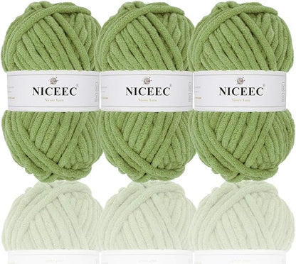 NICEEC 3 Skeins Sparkling Chenille Yarn Soft Blanket Yarn for Crochet & Knitting, Total 165yds/10.6oz - Mint Green