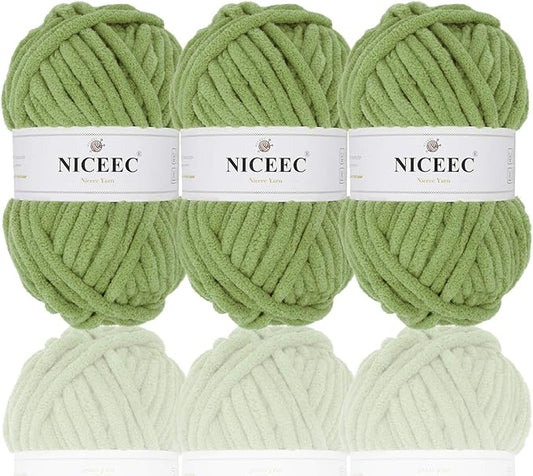 NICEEC 3 Skeins Sparkling Chenille Yarn Soft Blanket Yarn for Crochet & Knitting, Total 165yds/10.6oz - Mint Green
