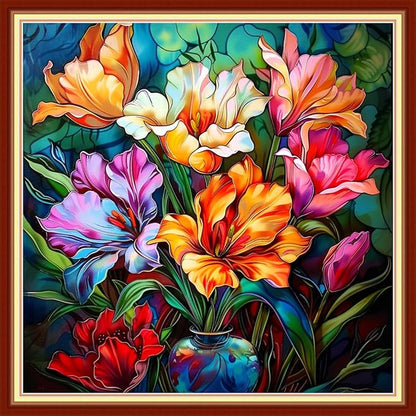 Joyhoor Stamped Cross Stitch Kits for Beginners Needlepoint Kits for Adults Embroidery Kits 11CT Counted Cross Stitch Kits Printed Embroidery Pattern-Colorful Flowers 18x18 inchs