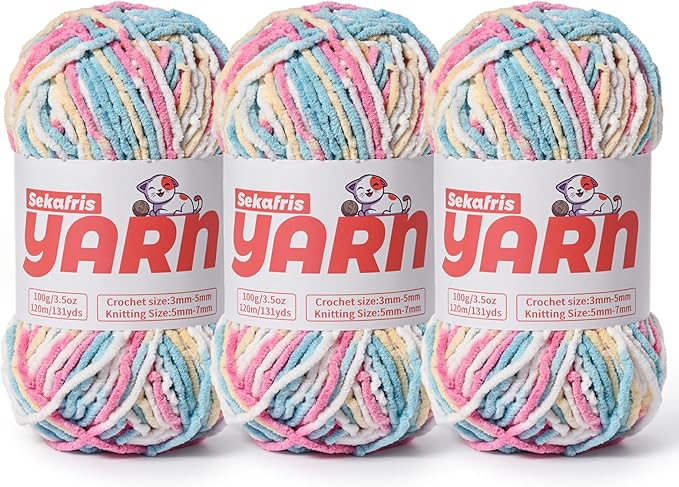 3 Pack Plush Chunky Chenille Yarn for Crocheting, Soft Fluffy Velvet Yarn for Crocheting, Fuzzy Baby Blanket Knitting Yarn, 300g/393yds Bulky Amigurumi Yarns（3 Candy Color）