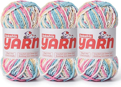 3 Pack Plush Chunky Chenille Yarn for Crocheting, Soft Fluffy Velvet Yarn for Crocheting, Fuzzy Baby Blanket Knitting Yarn, 300g/393yds Bulky Amigurumi Yarns（3 Candy Color）