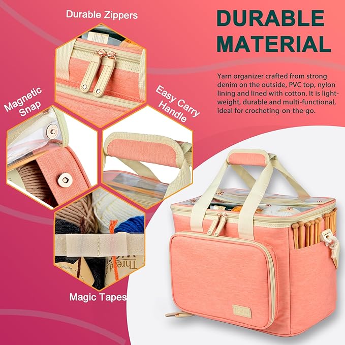Hoshin Knitting Bag for Yarn Storage, High Capacity Yarn Totes Organizer with Inner Divider Portable for Carrying Project, Knitting Needles(up to 14”), Crochet Hooks, Skeins of Yarn (Pink)