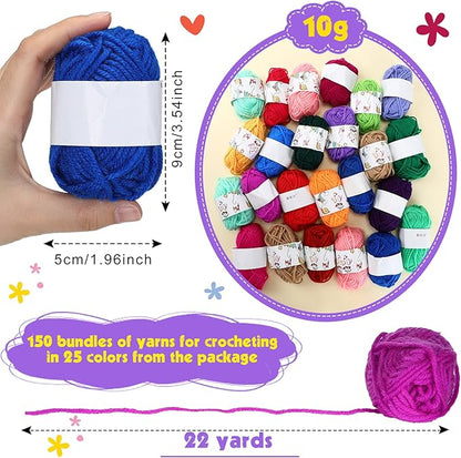 Nuogo 150 Rolls Acrylic Crochet Yarn Bulk 3300 Yards Knitting Acrylic Yarn Skeins Soft Mini Soft Crochet Skeins Multicolor for Knitting Handcraft Weaving Projecting Kit(Mixed Colors)