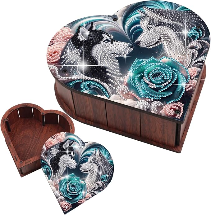 DIY Diamond Painting Kit Storage Box, Rose Wolf Dog Diamond Decorative Craft Heart Shaped Kit, Desktop Item Storage, Multifunctional Creative Craft Gift
