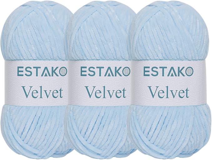 Estako Velvet (3- Skeins Pack) Chenille Blanket amigurumi Yarn for Crocheting and Knitting Super Bulky 3x100 gr (3x132 yds) (1220 - Bue)