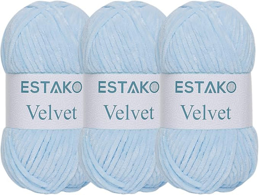 Estako Velvet (3- Skeins Pack) Chenille Blanket amigurumi Yarn for Crocheting and Knitting Super Bulky 3x100 gr (3x132 yds) (1220 - Bue)