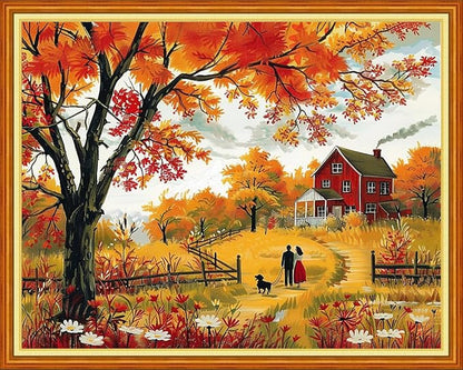 Funart Stamped Cross Stitch Kits for Beginners Full Range of Cross Stitching Preprinted Embroidery Kits for Adults, 11CT Embroidery Pattern Needlepoint Kits-Golden Autumn Walk 16x20 inchs