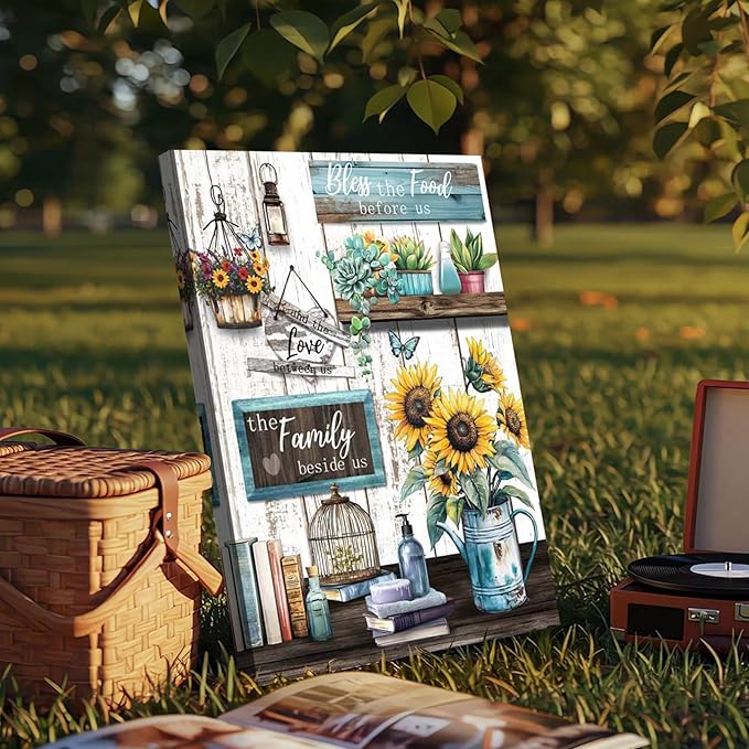 WENGTIAO Kitchen Canvas Wall Art Rustic Sunflower Pictures Vintage Bless The Food Before Us Sign Prints Paintings Christian Religious Bible Quotes Artwork for Farmhouse Dining Room Living Room 12x16in