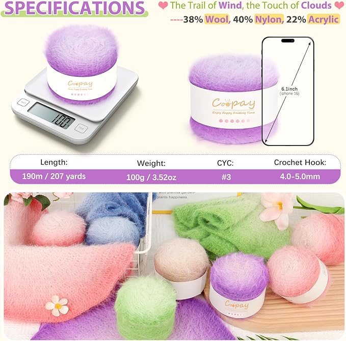 Coopay Ombre Yarn for Crocheting and Knitting - 4 Pack Dual Gradient Yarn Cake with Plush of 100g/3.52oz - 190m/207yds - 38% Wool, 40% Nylon, 22% Acrylic for Sweaters, Hats, Scarves (Star Tulle)