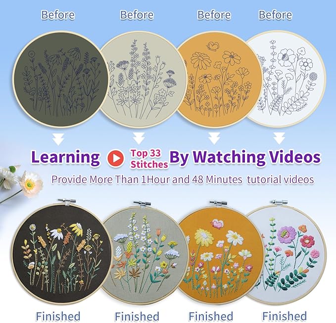 ETSPIL Embroidery Kit for Adults & Teens, 4-Pack Floral Samplers, 2 Adjustable Hoops, Pre-Printed Fabric, 17 Vibrant Threads, 16 Needles, Beginner-Friendly Stitch Guide & Video, DIY Craft Gift