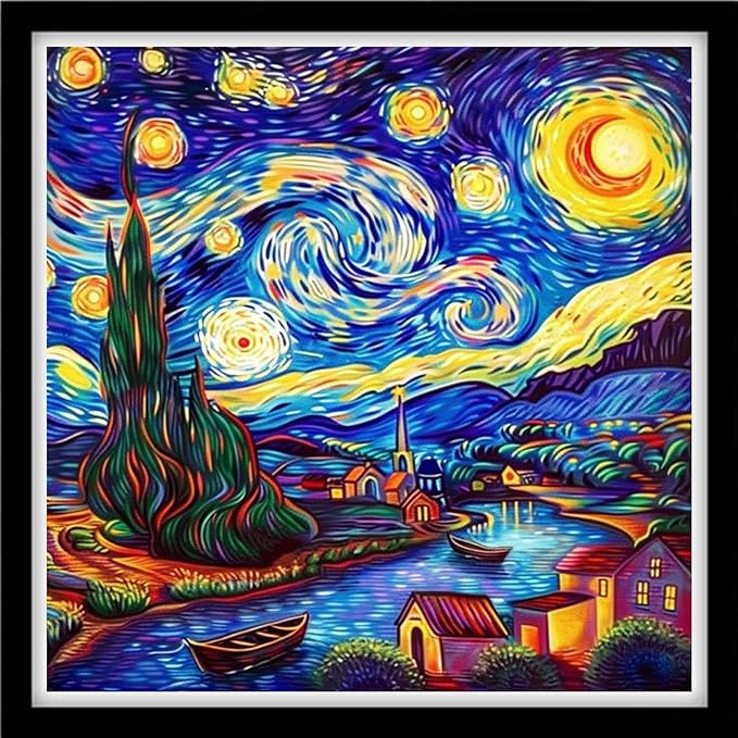 DMCVIVR Stamped Cross Stitch Kits for Beginners Adults Needlepoint Kits for Beginners Embroidery Kits for Adults Crossstitch Kit for Beginners 11CT-Van Gogh's Starry Home 18x18 inchs