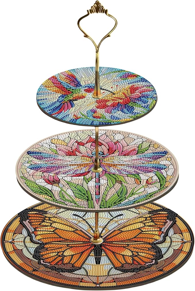 Three-Tier Diamond Painting Wooden Cake Stand DIY Sunflower Diamond Painting Cupcake Towel-Lined Tiered Tray Reusable Pastry Stand (Butterfly)