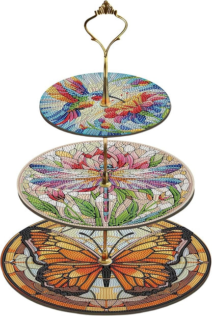 Three-Tier Diamond Painting Wooden Cake Stand DIY Sunflower Diamond Painting Cupcake Towel-Lined Tiered Tray Reusable Pastry Stand (Butterfly)