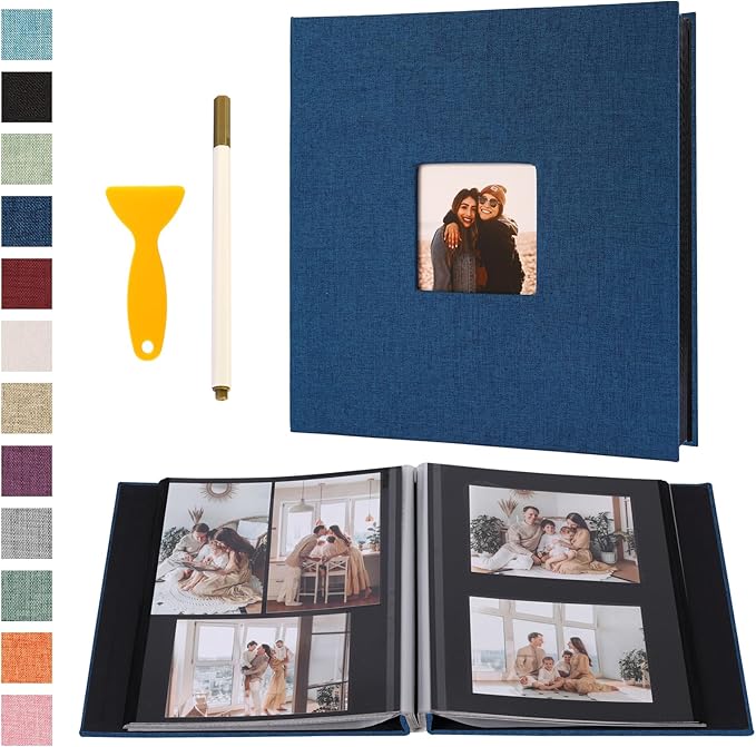 Self Adhesive Photo Album Black Pages Scrapbook Magnetic Photo Albums for 4x6 5x7 8x10 Pictures Books with Sticky Pages with A Metallic Pen for Baby Family Wedding 13.2x12.8 Blue 40 Pages