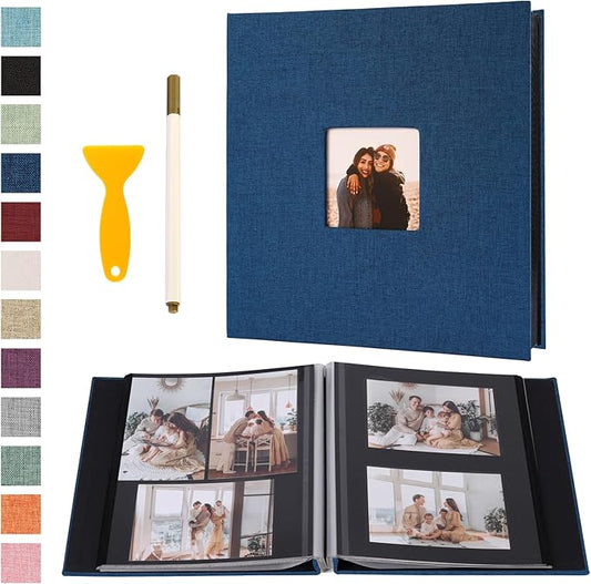 Self Adhesive Photo Album Black Pages Scrapbook Magnetic Photo Albums for 4x6 5x7 8x10 Pictures Books with Sticky Pages with A Metallic Pen for Baby Family Wedding 13.2x12.8 Blue 40 Pages