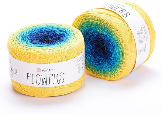 2 Skein/Pack Yarnart Flowers Gradient Yarn, Each Ball 8.8 Oz (250gr) / 1094 Yards (1000m), 55% Cotton 45% Acrylic, Superfine Fingering Weight for Knitting and Crochet, 304 - Yellow Green Blue