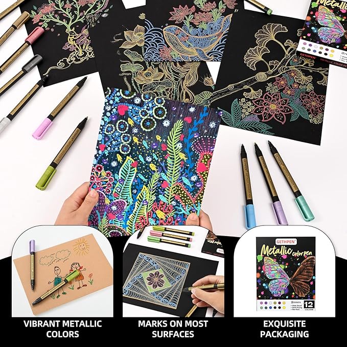 GETHPEN Metallic Marker Pens,12 Colors Acrylic Metallic Markers for Black Paper,2mm Medium Tip Glitter Pens Stocking Stuffers for Scrapbooking, Rock Painting, Glass, Wood,Card Making, Photo Albums