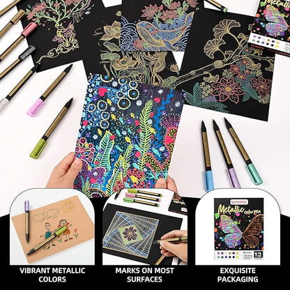 GETHPEN Metallic Marker Pens,12 Colors Acrylic Metallic Markers for Black Paper,2mm Medium Tip Glitter Pens Stocking Stuffers for Scrapbooking, Rock Painting, Glass, Wood,Card Making, Photo Albums