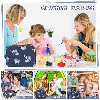 GMAK 59 PCS Crochet Kit for Beginners Adults, Crocheting Sets Include Yarn, Hooks and Tools, Portable Crochet Starter Kit for Making Variety Projects Crocheting Supplies, Navy Flamingo