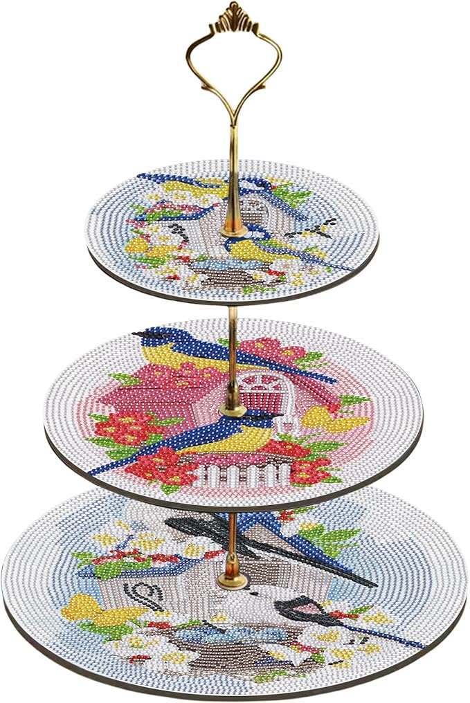 Three-Tier Diamond Painting Wooden Cake Stand DIY Sunflower Diamond Painting Cupcake Towel-Lined Tiered Tray Reusable Pastry Stand (Little Bird)