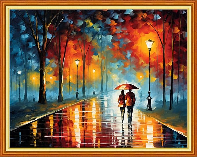 Funart Stamped Cross Stitch Kits for Beginners Full Range of Cross Stitching Preprinted Embroidery Kits for Adults, 11CT Embroidery Pattern Needlepoint Kits-Rromantic Stroll Rainy Night 16x20 inchs