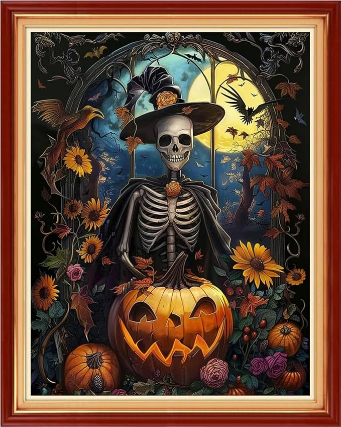 Funchey Stamped Cross Stitch Kits, DIY Cross Stitch Pattern for Adults Beginners Needlepoint Kits Embroidery Kit Arts and Crafts 11CT-Skeleton Moon 16x20 inchs