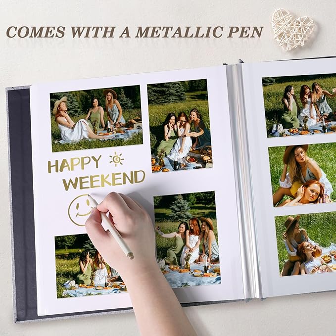 Aenbuslm Photo Album Self Adhesive Pages for 4x6 5x7 8x10 Pictures Scrapbook Magnetic Photo Albums with Sticky Pages Books with A Metallic Pen for Baby Wedding Family 13.2x12.8 Grey 60 Pages