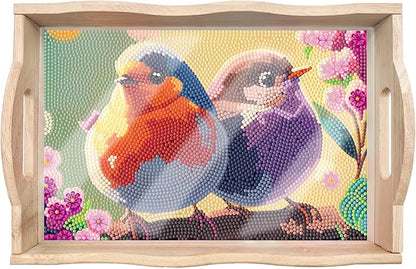 FGbaby DIY 5D Sparrow Diamond Painting Wood Serving Tray with Handles Diamond Art Decorative Serving Trays Wooden Tray for Breakfast in Bed, Patio, BBQ, Coffee Table, Party –Great for Lap & Couch