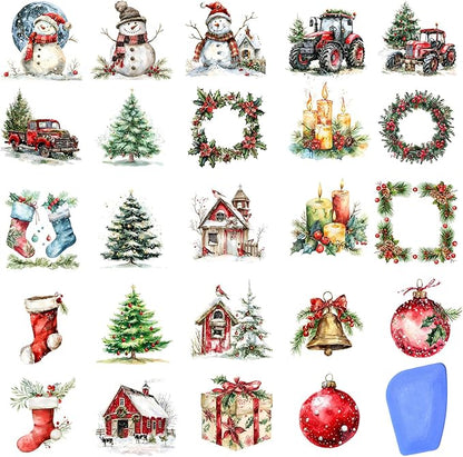 24 Sheets Vintage Christmas Rub On Transfers for Crafts, Rub On Transfers Christmas for Wood，Furniture Decals, Glass, Porcelain, Leather, Canvas, Fabric Projects,3 * 3inch(Cute Christmas)