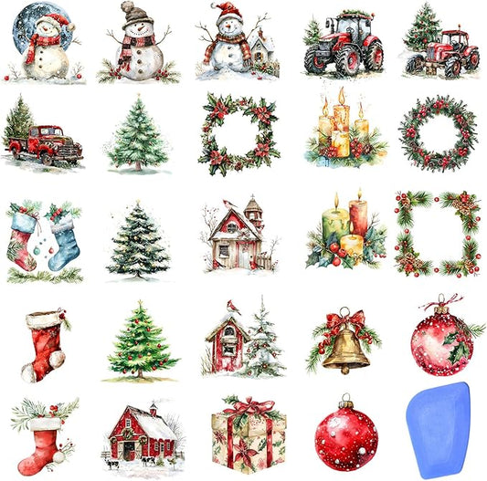 24 Sheets Vintage Christmas Rub On Transfers for Crafts, Rub On Transfers Christmas for Wood，Furniture Decals, Glass, Porcelain, Leather, Canvas, Fabric Projects,3 * 3inch(Cute Christmas)