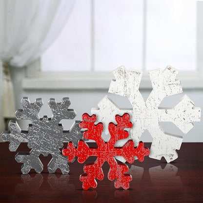 Bucherry 3 Pcs Winter Wooden Snowflake Decor Rustic Winter Snowflake Table Signs Wonderland Wood Blocks Farmhouse Christmas Tiered Tray Decorations for Xmas Table Shelf(Gray, Red, White)