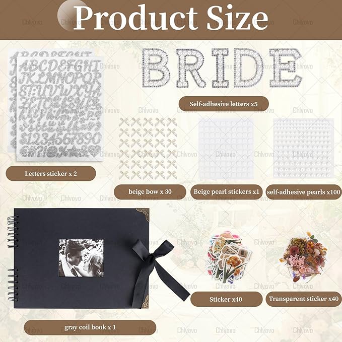 Letters to The Bride Scrapbook Photo Album, 8 x 12 Inch Wedding Memory Book, Black DIY Guest Book with Pearl Stickers, Metallic Letters, Bows，Blank Scrapbook(Black)