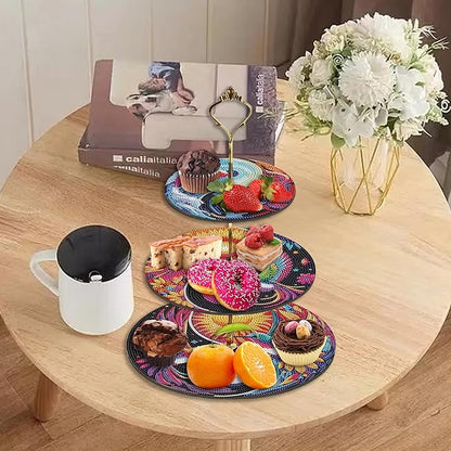 Three-Tier Diamond Painting Wooden Cake Stand DIY Sunflower Diamond Painting Cupcake Towel-Lined Tiered Tray Reusable Pastry Stand (Sunflower)
