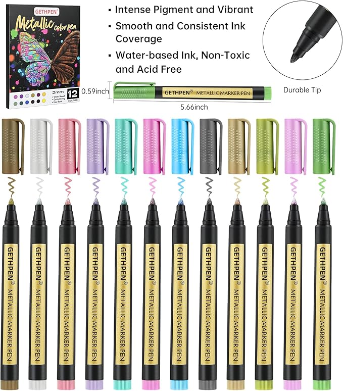 GETHPEN Metallic Marker Pens,12 Colors Acrylic Metallic Markers for Black Paper,2mm Medium Tip Glitter Pens Stocking Stuffers for Scrapbooking, Rock Painting, Glass, Wood,Card Making, Photo Albums