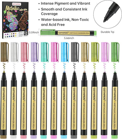 GETHPEN Metallic Marker Pens,12 Colors Acrylic Metallic Markers for Black Paper,2mm Medium Tip Glitter Pens Stocking Stuffers for Scrapbooking, Rock Painting, Glass, Wood,Card Making, Photo Albums