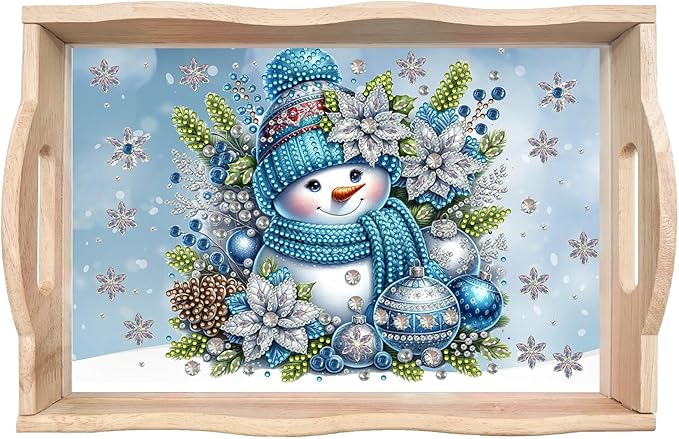 DIY Diamond Art Painting Wooden Tray Kit With Handle, Food Tray for Breakfast, Bar Dinner Table Decoration, Diamond Dots Gem Painting Art Set for Beginners-Snowman1