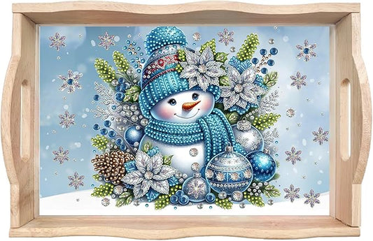 DIY Diamond Art Painting Wooden Tray Kit With Handle, Food Tray for Breakfast, Bar Dinner Table Decoration, Diamond Dots Gem Painting Art Set for Beginners-Snowman1