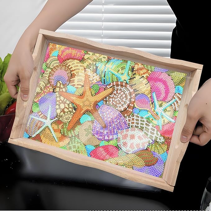 DIY Diamond Art Wooden Tray Kit With Handle, Painted Table Decoration for Breakfast, Bar Dinner, Gem Painting Art Set for Beginners (#08-Starfish Shell)