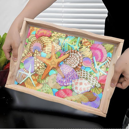 DIY Diamond Art Wooden Tray Kit With Handle, Painted Table Decoration for Breakfast, Bar Dinner, Gem Painting Art Set for Beginners (#08-Starfish Shell)
