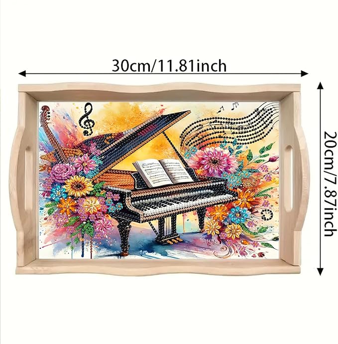 DoxQcs DIY Diamond Art Wooden Tray Kit Easter Food Tray with Handle Diamond Painted Table Decoration Tray for Breakfast Bar Dinner Table Diamond Art Painting for Beginners-#04-Piano