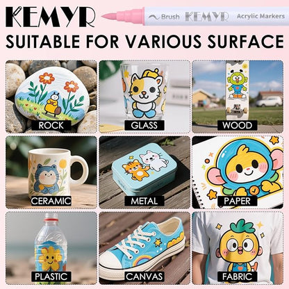 KEMYR 72 Colors Brush & Fine Tip Acrylic Paint Pens, Dual Tip Acrylic Paint Markers for Paper, Wood, Canvas, Stone, Rock, Glass, Fabric, DIY, Ceramic, Art Supplies for Adults Drawing