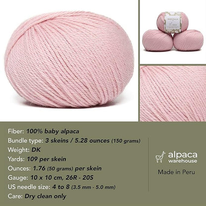100% Baby Alpaca Yarn Wool Set of 3 Skeins (150 Grams) DK Weight - Made in Peru - Heavenly Soft and Perfect for Knitting and Crocheting (Baby Pink, DK)