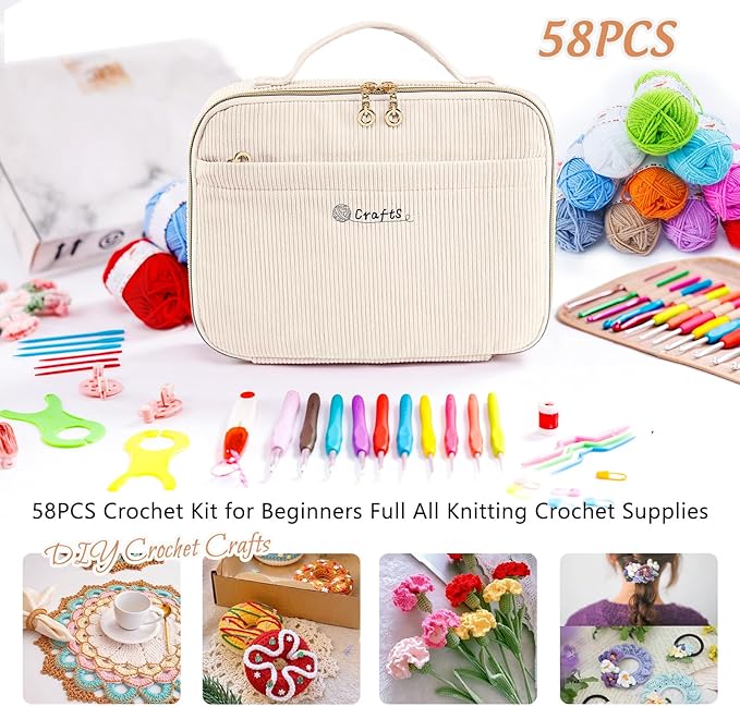 MYBAGZING Crochet Kit for Beginners with Yarn Storage Bag, 10pcs Crochet Hooks 2.0-6.0 mm, 10 Skeins Yarn for Crocheting, Knitting Accessories, 58pc Crochet Starter Kit for Adults
